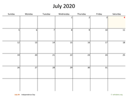 July 2020 Calendar with Bigger boxes