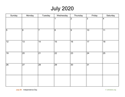 Basic Calendar for July 2020