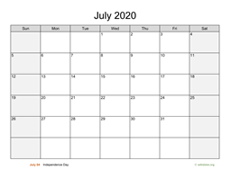 July 2020 Calendar with Weekend Shaded