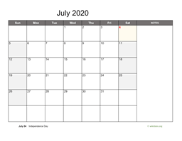 July 2020 Calendar with Notes