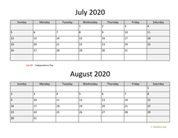 July and August 2020 Calendar
