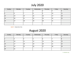 july and august 2020 calendar