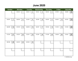 June 2020 Calendar with Day Numbers