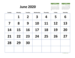 June 2020 Calendar with Extra-large Dates