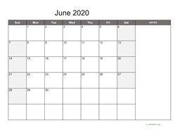 June 2020 Calendar with Notes