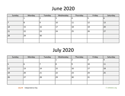 June and July 2020 Calendar