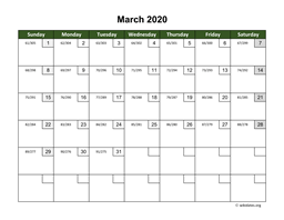 March 2020 Calendar with Day Numbers