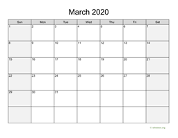 March 2020 Calendar with Weekend Shaded