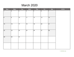 March 2020 Calendar with Notes