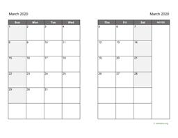 March 2020 Calendar on two pages