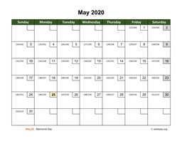 May 2020 Calendar with Day Numbers