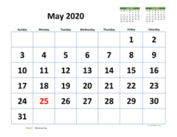 May 2020 Calendar with Extra-large Dates
