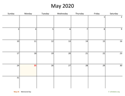 May 2020 Calendar with Bigger boxes