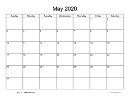 Basic Calendar for May 2020