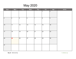 May 2020 Calendar with Notes