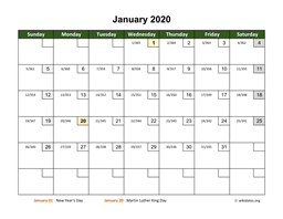 Monthly 2020 Calendar with Day Numbers