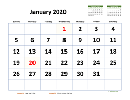 Monthly 2020 Calendar with Extra-large Dates