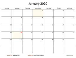 Monthly 2020 Calendar with Bigger boxes