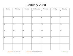 Monthly Basic Calendar for 2020