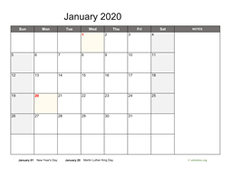 Monthly 2020 Calendar with Notes