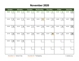 November 2020 Calendar with Day Numbers