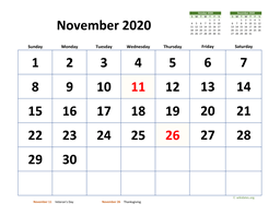 November 2020 Calendar with Extra-large Dates