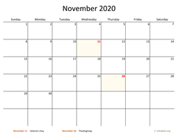 November 2020 Calendar with Bigger boxes