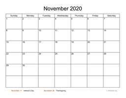 Basic Calendar for November 2020