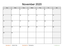 November 2020 Calendar with Weekend Shaded