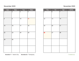 November 2020 Calendar on two pages