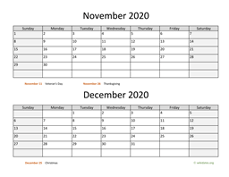 November and December 2020 Calendar