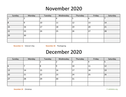 november and december 2020 calendar