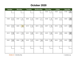 October 2020 Calendar with Day Numbers