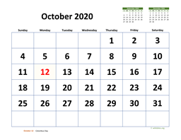 October 2020 Calendar with Extra-large Dates