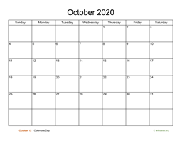 Basic Calendar for October 2020