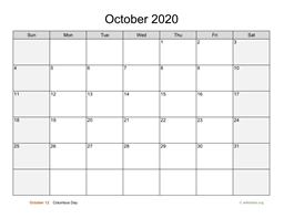 October 2020 Calendar with Weekend Shaded