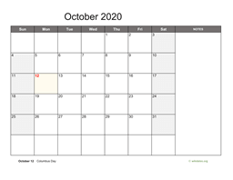 October 2020 Calendar with Notes