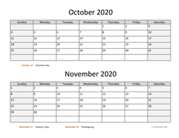 October and November 2020 Calendar