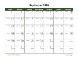 September 2020 Calendar with Day Numbers