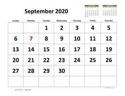 September 2020 Calendar with Extra-large Dates