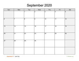 September 2020 Calendar with Weekend Shaded