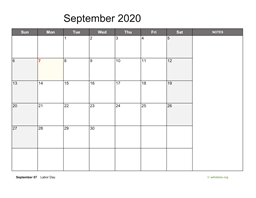 September 2020 Calendar with Notes