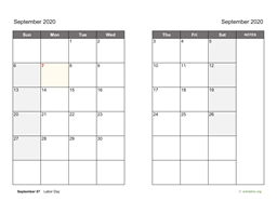 September 2020 Calendar on two pages