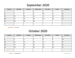 September and October 2020 Calendar