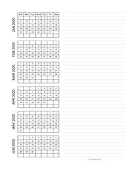 six months 2020 calendar vertical with notes