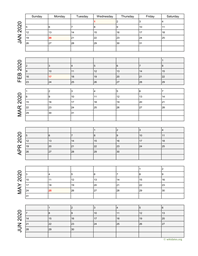 six months 2020 calendar vertical