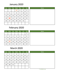 three months 2020 calendar vertical with notes