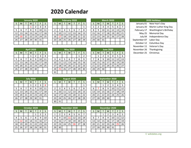 Printable 2020 Calendar with Federal Holidays