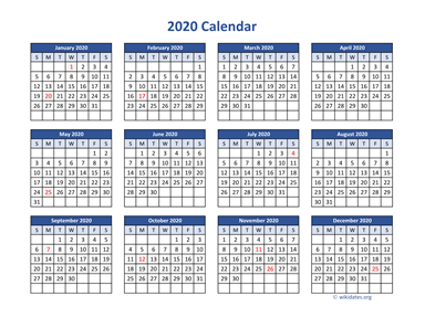 2020 Calendar in PDF