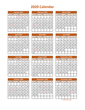 Full Year 2020 Calendar on one page
